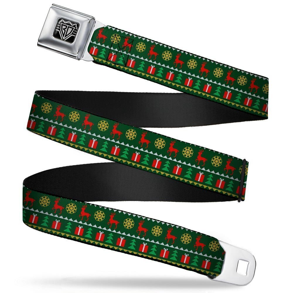 1102 Seatbelt Belt - Christmas Sweater Stitch Green/White/Gold/Red - 1.0"